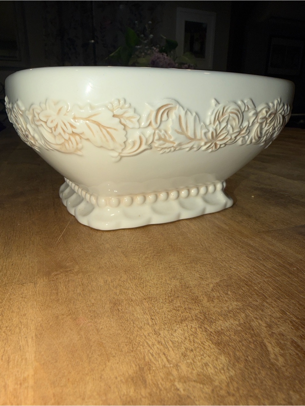 Cream Decorative Floral Ceramic Serving Bowl - Home Dining Serveware